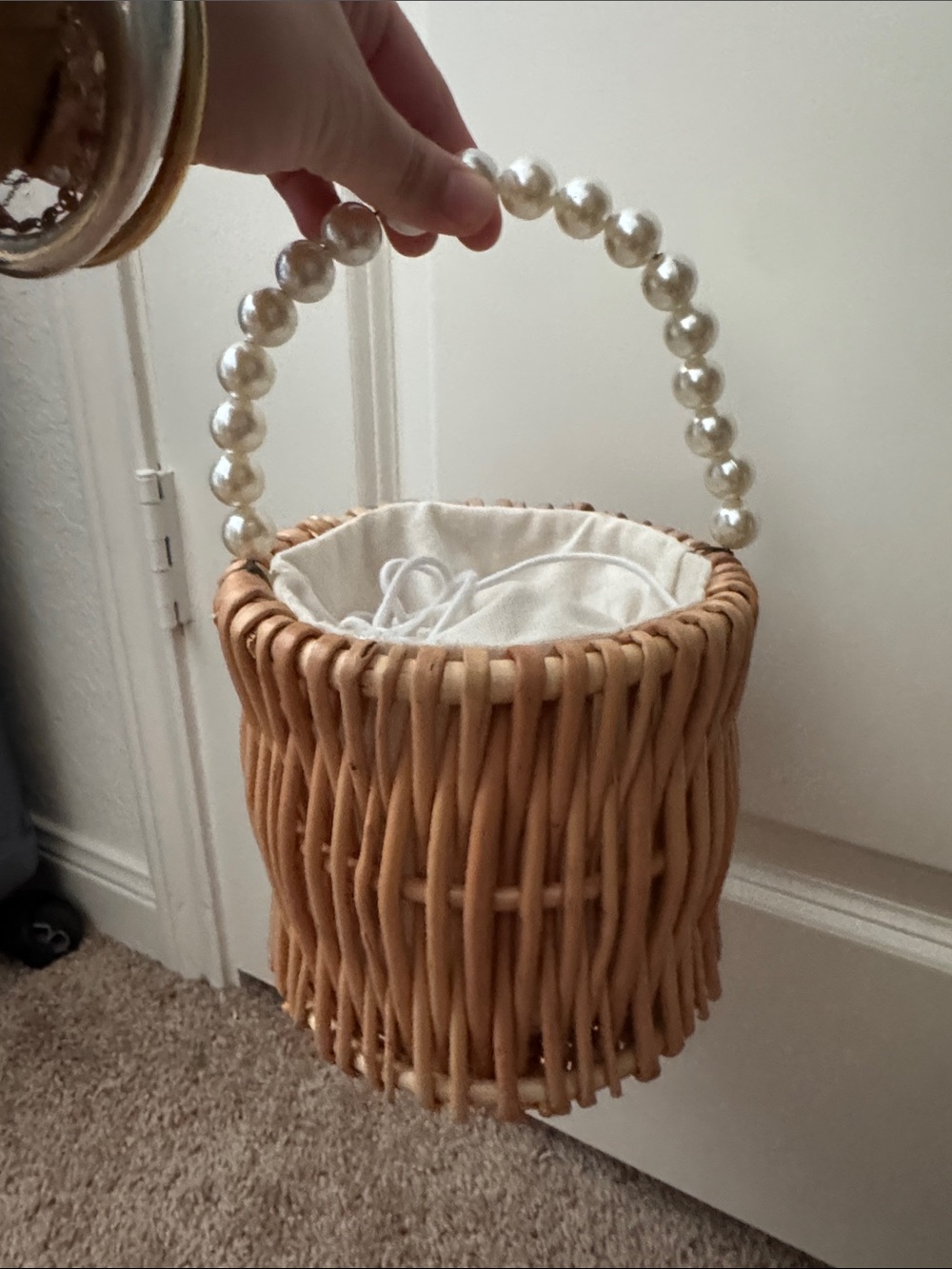 Woven Pearl-Handle Bucket Bag in Tan and Cream